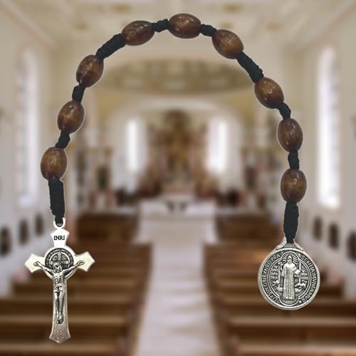 Pocket Rosary, Prayer Beads with Saints Medal and Cross/Crucifix St Benedict, 9 Beads, Dark Brown Wood, Chaplet Chain