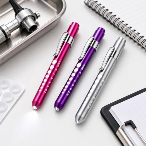 Zolara Led Stiftlampe, Pupillenleuchte Set, LED Taschenlampe Augenleuchte, Taschenlampe mit Clip und Skala, für Augenuntersuchungen, Notfall und Pflegezubehör, Lila, Silber, Rosa