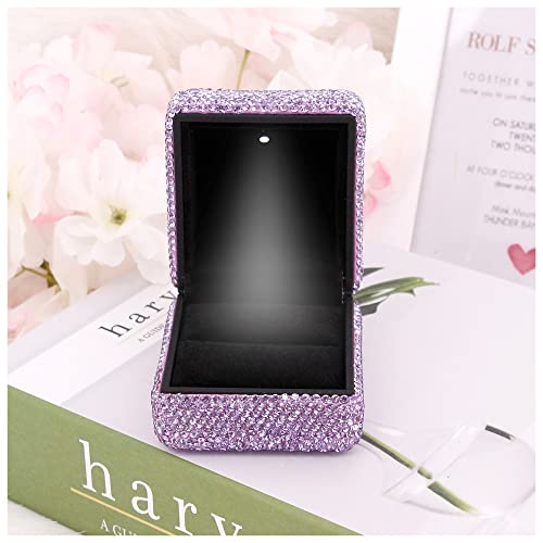 Naimo Luxury Rhinestone Engagement Ring Box Velvet Ring Case Display Organizer Storage LED Light Jewelry Gift Box for Proposal Wedding Anniversary Birthday Purple