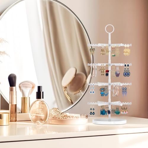MODOWEY Rotating Earring Holder Organizer Tree Adjustable Display for Women Pearl White 4 Tier, 384 Holes