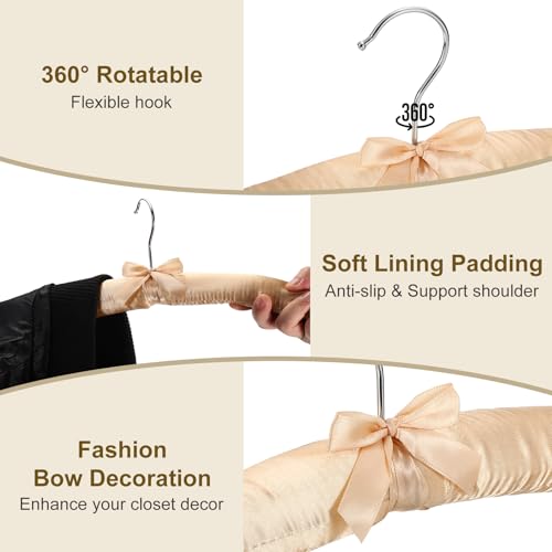 uxcell 5 Pcs Satin Padded Hangers, 15 Inch Blouse Hangers for Women's Clothing, Non-Slip Thickened Sponge Pads for Sweaters, Silk Dresses, Wedding, Delicate Cashmere Sweaters, Champagne Light Gold