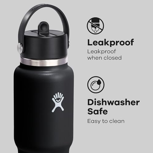 Hydro Flask Travel Water Bottle - Insulated Stainless Steel - Wide Straw Lid, Non Spill, Leakproof in 32 Oz Black