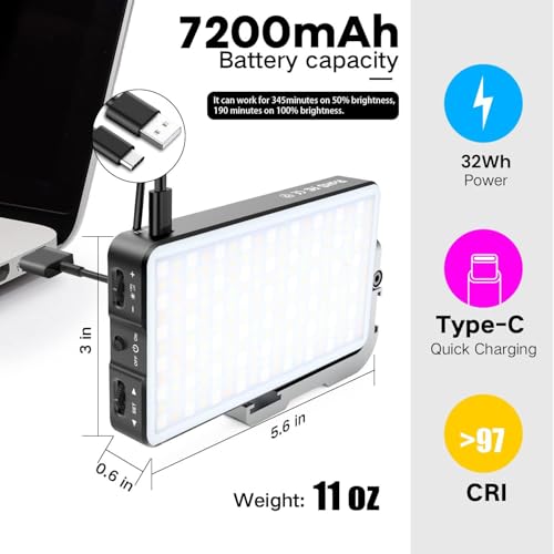IVISII G2 Pocket RGB Camera Light,Built-in 7200mAh Rechargeable Battery 360°Full Color Gamut 9 Light Effects,2600-10000K LED Video Light Panel with Aluminum Alloy Body, Adjustable Tripod Stand