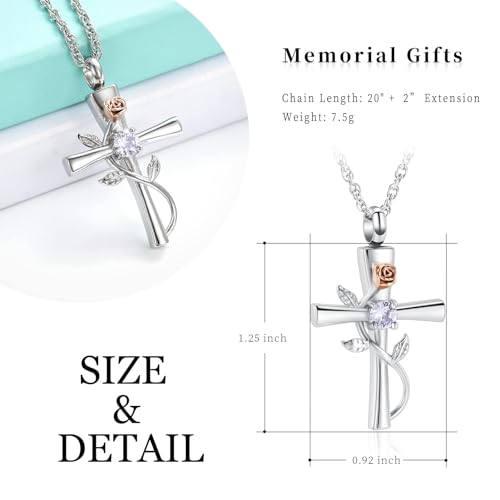 Cross Urn Necklace for Ashes Birthstone Rose Flower Cremation Jewelry for Women Gilrs Keepsake Memorial Ash Pendant Silver-light purple