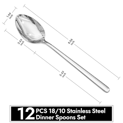 12-Piece 8-Inch Dinner Spoons Set, 18/10 Stainless Steel, Not Teaspoons 12-Piece Dinner Spoon