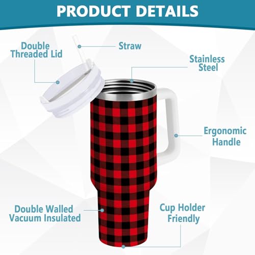 Red and Black Plaid Xmas Check Tumbler with Handle and Straw Leak Proof Tumbler 2 in 1 Lid Insulated Water Bottle Tumblers Stainless Steel Cup Large Travel Mug Cups, Gifts for Women Man, 40oz Red and Black Xmas Plaid 40 Ounces