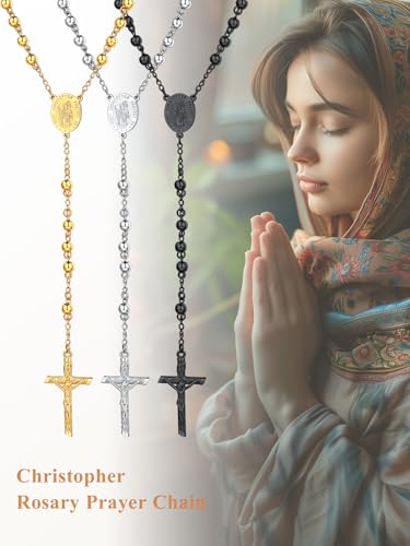 Custom4U Personalized Rosary with Picture Custom Rosary Necklace for Women 4.6-St Christopher Silver