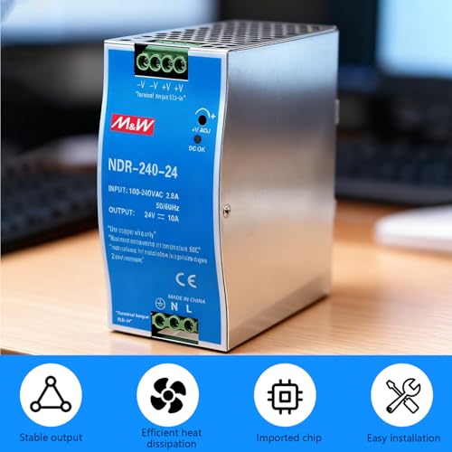 DIN Rail Power Supply, 24V 240W DIN Rail Switching Power Supply Input 100-240VAC 2.8A, Output DC 24V 10A, Multiple Protection Functions, Widely Used, Industrial Model NDR-240-24
