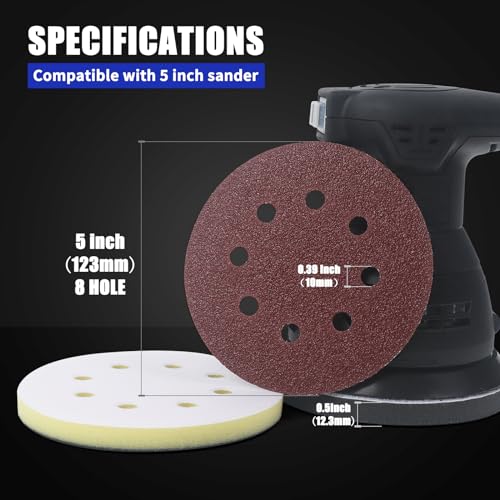 Elechiakan 5-inch orbital sanding discs with interface backing foam pad, 85-piece hook and loop set
