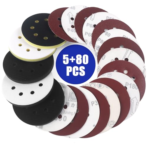 Elechiakan 5-inch orbital sanding discs with interface backing foam pad, 85-piece hook and loop set