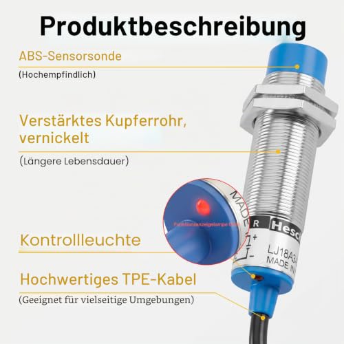 Heschen M18 Inductive Proximity Switch, 8 mm, Non-Flush, NPN N/O | 10-30VDC, 200mA, 3-conductor LJ18A3-8-Z/BX, non-flush (clearance required), ideal limit switch for CNC 8mm non-b. NPN NO