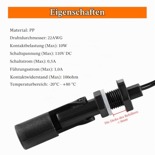 2 x M12 10 W Water Level Sensor, PP Side-Mounted Horizontal Liquid Float Switch, Water Liquid Level Sensors, with Spring Wire Connector, for Tank Pool, Black M12 – Schwarz – 2 Stücke