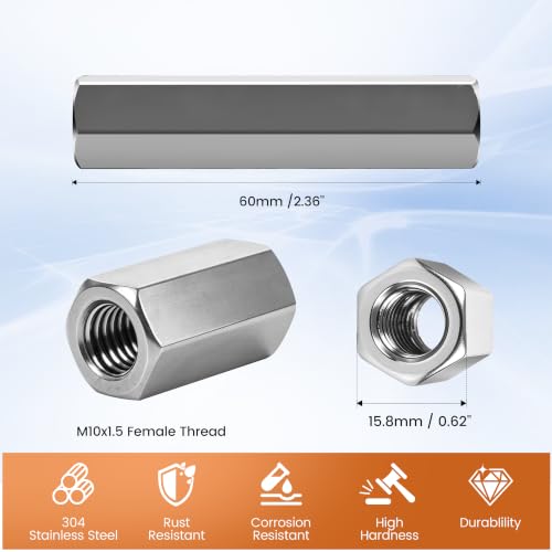 Luyostik M10x1.5 hex coupling nuts, 60mm full-thread 304 stainless steel, 6-pack