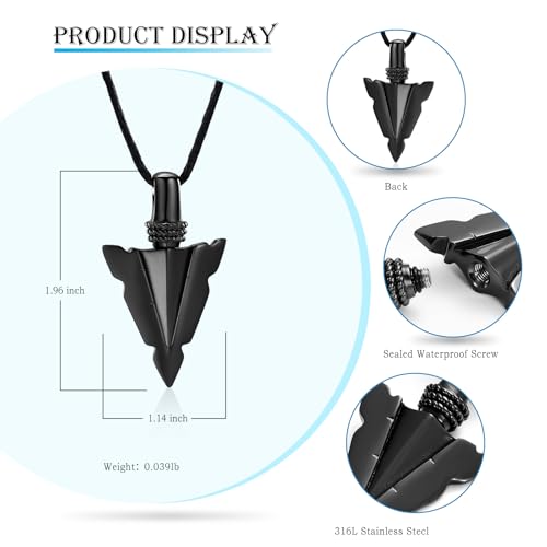 Hearbeingt Arrowhead Urn Necklace for Ashes Cremation Jewelry for Men Black