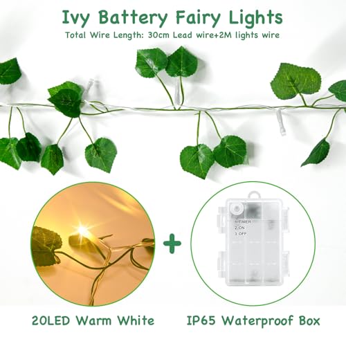 Gcstnn Ivy Fairy Lights, 2M 20LEDs Fake Vines with Lights Battery Operated with 6h Timer, IP65 Waterproof Ivy Leaf Garland Artificial String Lights for Bedroom Wall Garden Decorations