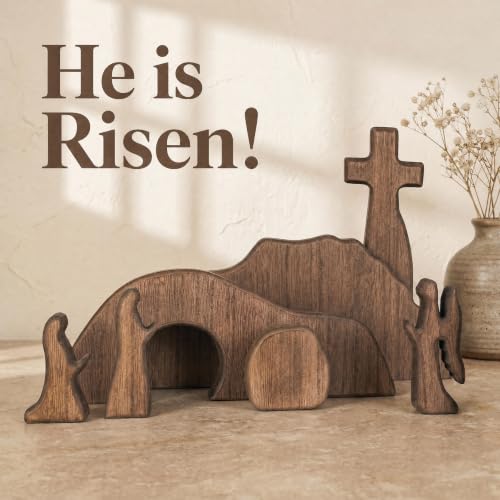 NEROSUN Empty Tomb Easter Scene and Cross Decoration, Wooden Jesus Resurrection Nativity Set, Religious Christian Tabletop Decor for Home Office Christian Wooden Empty Tomb