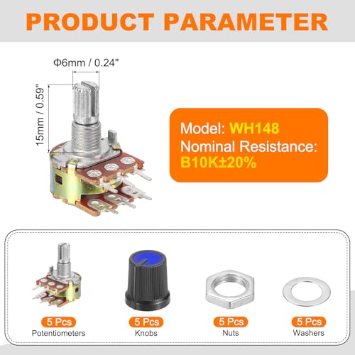QUARKZMAN 5 Set WH148 Dual Linear Potentiometer B10K-Ohm Black+Blue | Audio Potentiometer, Knob Kit, 6 Pin, Split Shaft, with Metal Handle and Mounting Accessories