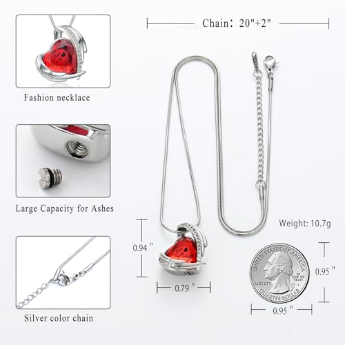 Crystal Heart Urn Necklace for Women Memorial Cremation Locket Pendant Keep Loved Ones Ashes Close Forever&Always in My Heart Silver-Always-Red