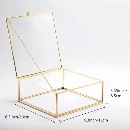 Feyarl Gold Glass Crowns Box Jewelry Trinket Ring Earring Keepsake Wedding Photo Cards Decorative Box Crystal Stones Display Holder Organizer for Birthday Dresser Tabletop（6.3 x 6.3 x 3.35inch
