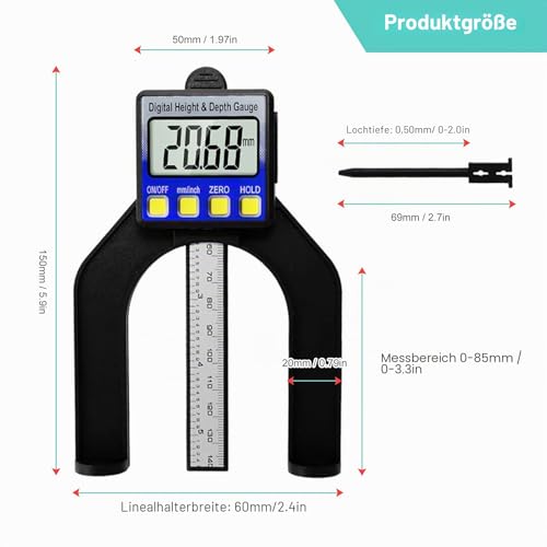 RUIZHI Digital Depth Gauge Altimeter 0-85 mm Profile Depth Gauge LCD Display Digital Caliper for Woodworking, Mechanical Engineering with Magnets