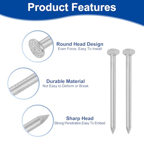 uxcell 6D x 2-inch 304 stainless steel round head common nails, 144-piece set for woodworking and picture hanging