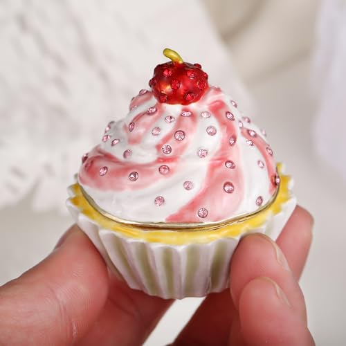 Hand Painted Enamel Cupcake Trinket Box, Hinged Jewelry Organizer Storage, Unique Home Decor Figurine Keepsake Collectible, Personalized Handmade Decoration Ornament Gifts (Pink Cupcake-Cherry) Pink Cupcake-Cherry