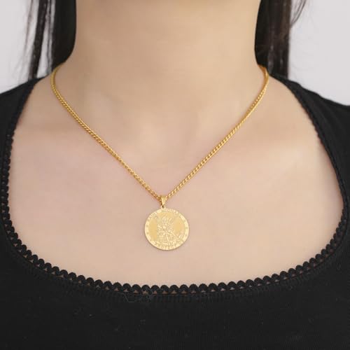 TEAMER Saint Michael Necklace Stainless Steel St. Michael Pendant The Great Protector Archangel Amulet Necklace Religious Jewelry For Men Women Gold
