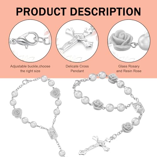 2 PCS Car Rosary Rearview Mirror, Personalized Blessing Rear View Mirror Hanging Decors, Rose Cross Rosary Car Interior Decor, Universal for Most Cars (White) 2 PCS White