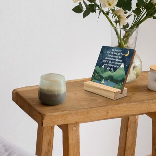 Inspirational Desk Decor, Mountain Moon Night Motivational Quote Wood Plaque, Positive How Cool is It That the Same God Wooden Plaque Sign with Wood Stand for Home Kids Room Nursery Decor