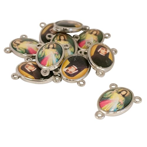 VILLAGE GIFT IMPORTERS 10 Pack of Divine Mercy and Saint Faustina Rosary Centerpieces | Full Color Images on Silver-Tone Metal | Religious Jewelry and Chaplet | Catholic Beading Crafts