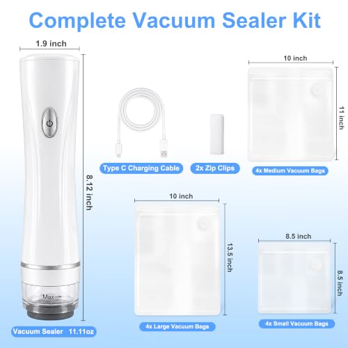 Handheld Vacuum Sealer for Food with 12 Reusable Bags – 3 Sizes Included, Powerful Portable Sealer Machine, Dry/Moist Modes, One-Hand Lock, Meal Saver for Meat, Snacks & Sous Vide. Vacuum Sealer + 12 Bags white