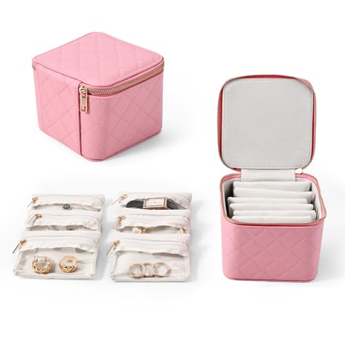 Travel Jewelry Box Organizer - Small Jewelry Case with 6 Small Velvet Zipped Pouches Pockets for Jewelry Necklaces Rings Earrings Storage(Pink) Pink
