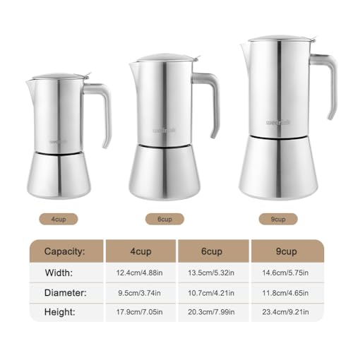 wedrink Stovetop Espresso Maker 4 Espresso Cups Stainless Steel Moka Pot for Greca, Induction, Electric & Gas Stoves(6.5 OZ/200ml) Silver
