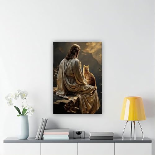 Jesus and Cat Wall Art Poster Unframed Christian Religious Home Decor Spiritual Painting for Cat Lovers Bedroom Living Room 12x18Inch 12"L x 18"W