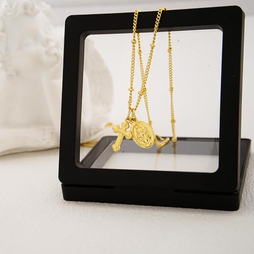 Bheop Cross Necklace for Women, 14K Gold Silver Choker Pendant Necklace GD-Virgin Mary Cross+Beaded Chain