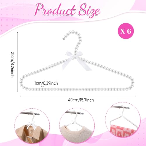 SHENLIU 6 Pack Pearl Clothes Hangers, Elegant Bridesmaid Hangers with White Ribbon Trim Hanger, Closet Coat Storage Organizer Bowknot Standard Wedding Hanger for Wedding Engagement Gowns Suits Shirts A