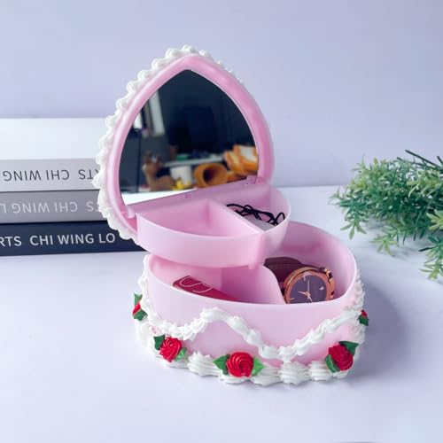Heart Shaped Jewelry Box for Girls, Fake Cherry Pink Cake, Cute Kawaii Decorative Storage Accessories (strawberry) strawberry