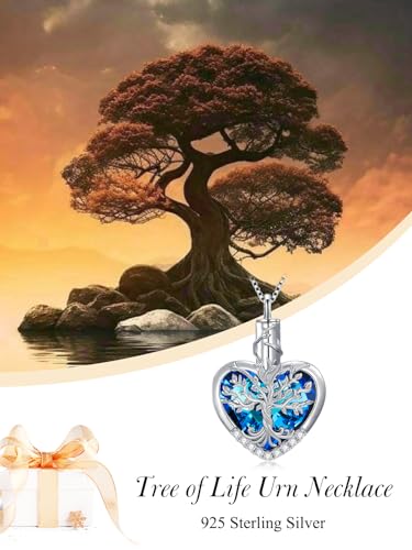 TOUPOP Ashes Jewellery Urn Necklace for Ashes 925 Sterling Silver Tree of Life Ashes Pendant Necklace Keepsake Ashes Memorial Locket with Heart Crystal Cremation Jewellery with Funnel Filler