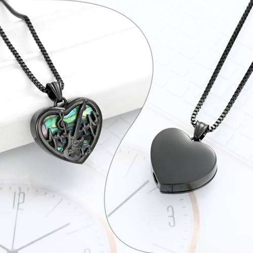 XSMZB Music Note Guitar Cremation Jewelry for Human Pet Abalone Shell Heart Urn Necklace for Ashes Stainless Steel Keepsake Pendant Black