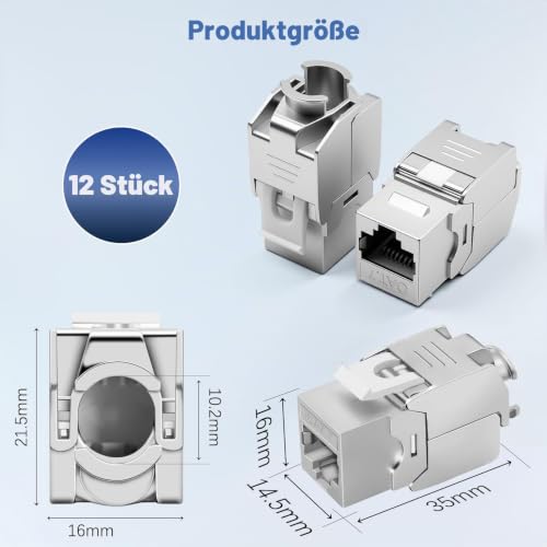 Pack of 12 CAT 7 Keystone RJ45 Module Socket for CAT7 CAT6 CAT6a, Tool-free LSA, 10 Gbit/s Transmission, Fully Shielded STP, Gold-Plated Contacts, CAT 7 Keystone Jack for Patch Panel and Network