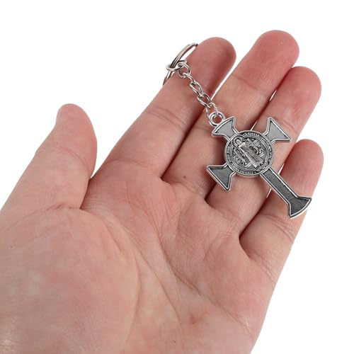 Saint Benedict Cross Keychain, Zinc Alloy Religious Crucifix Key Rings with Fine Workmanship and Wear Resistant Finish, Elegant Craftsmanship for Easter and Baptisms, Silver