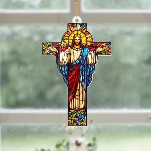 Stained Glass Jesus Cross Car Hanging Ornament – Acrylic Rearview Mirror Charm, Christian Cross Sun Catcher for Car or Home, Inspirational Religious Gift for Men & Women(Sun-29) Sun-29