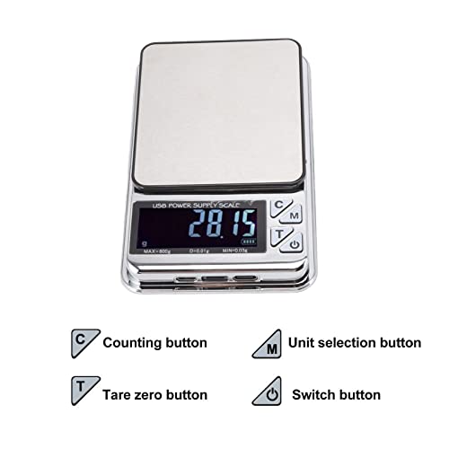 Digital Food Kitchen Scale 600/0.01g - High Accuracy Mini Food Electronic Scale for Baking, Food, Jewelry, Ipx6 Waterproof, USB Charging, LCD Display, Ounces & Grams, Stainless Steel
