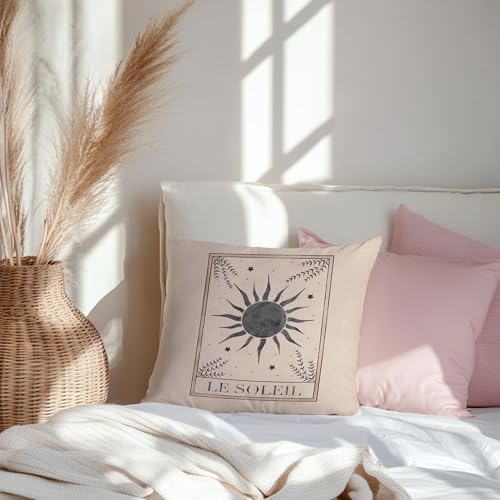 Boho Sun Tarot Pillow Covers 18x18, Witchy Room Decor, Le Soleil Mystical Botanical Sun Celestial Spiritual Decorative Throw Pillow Covers Pillowcases Sun 01