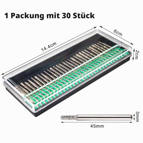 Set of 30 diamond cutters, 1/8 inch shank, grinding pins, mini cutters | Grinding attachments, diamond cutters, grinding pins, deburring tools, for stone, glass, ceramic, carving, grinding, polishing, engraving, drilling