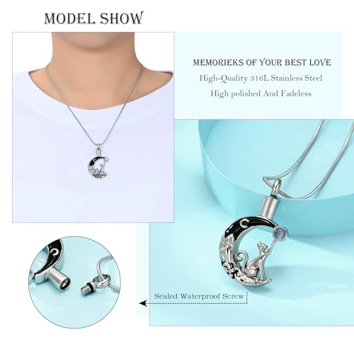 Hearbeingt Moon Cat Urn Necklaces for Ashes Pet Cremation Jewelry Silver