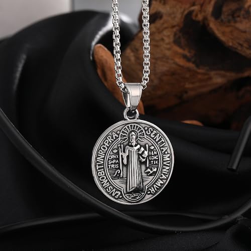 St Benedict Exorcism Medal Necklace - Stainless Steel Christian Catholic Roman Cross Pendant - Patron Saint Amulet Medal Religion Jewelry Silver