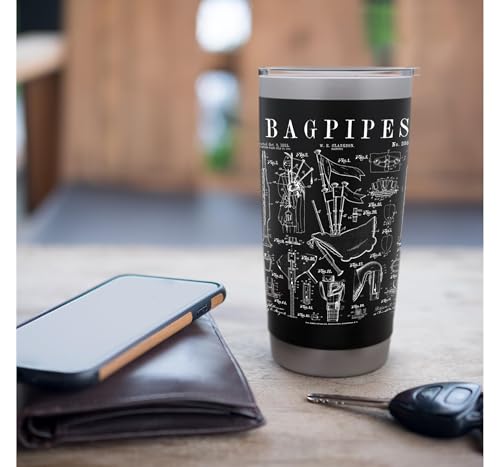 Bagpipes Bagpiper Bagpipe Player Vintage Patent Musician Stainless Steel Insulated Tumbler Black 20 Ounces