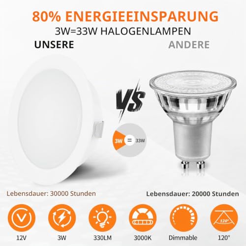 YindaLux 6x LED Recessed Spotlights 12 V DC White 3 W 3000 K Dimmable Hole 55-58 mm | 300 lm, warm white, 2 m cable, aluminium housing, round, spot for caravan, boat, kitchen, wardrobe, without transformer 3000K 6 Stück