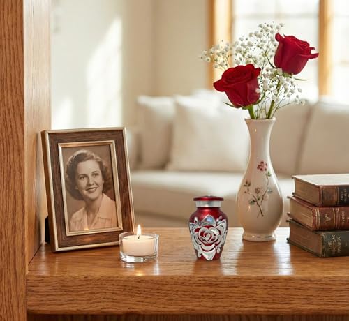 Mainely Urns Set of 4 Crimson Keepsake Cremation Urns for Human Ashes with Engraved Rose Design Small 3 Cubic Inch Capacity Urns for Sharing and Memorializing a Loved One